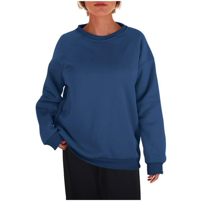 Admvng Chandail en Molleton Surdimensionné pour Femmes Mode Manches Longues Col Rond Chandail Sans Capuche Chandails en Molleton Couleur Unie Athleisure Femmes P-2TG
