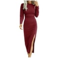 thumbnail image 2 of Njoeus Women's Elegant Long Sleeve Ruched Midi Dress Casual Crew Neck Bodycon Split Cocktail Party Dresses, 2 of 7