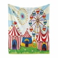 thumbnail image 1 of Ferris Wheel Soft Flannel Fleece Throw Blanket, Illustration of a Carnival with Striped Tents Ring Starbursts Pattern, Cozy Plush for Indoor and Outdoor Use, 50" x 60", Multicolor, by Ambesonne, 1 of 6