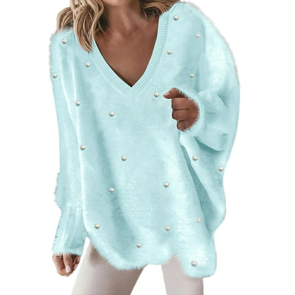 Dyfzdhu Sweaters for Women Solid V Neck One Shoulder Pearl Baggy Top Blue
