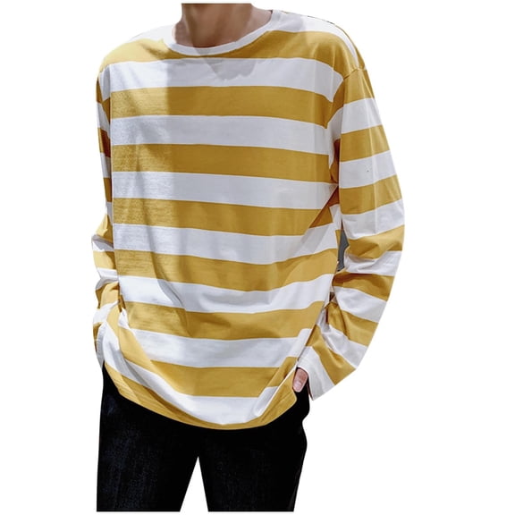 Men Round Neck Striped Long Sleeve T-Shirt Gym Loose Pullover Tops Cotton Blend Crewneck Couple Outfit Stripes Tee