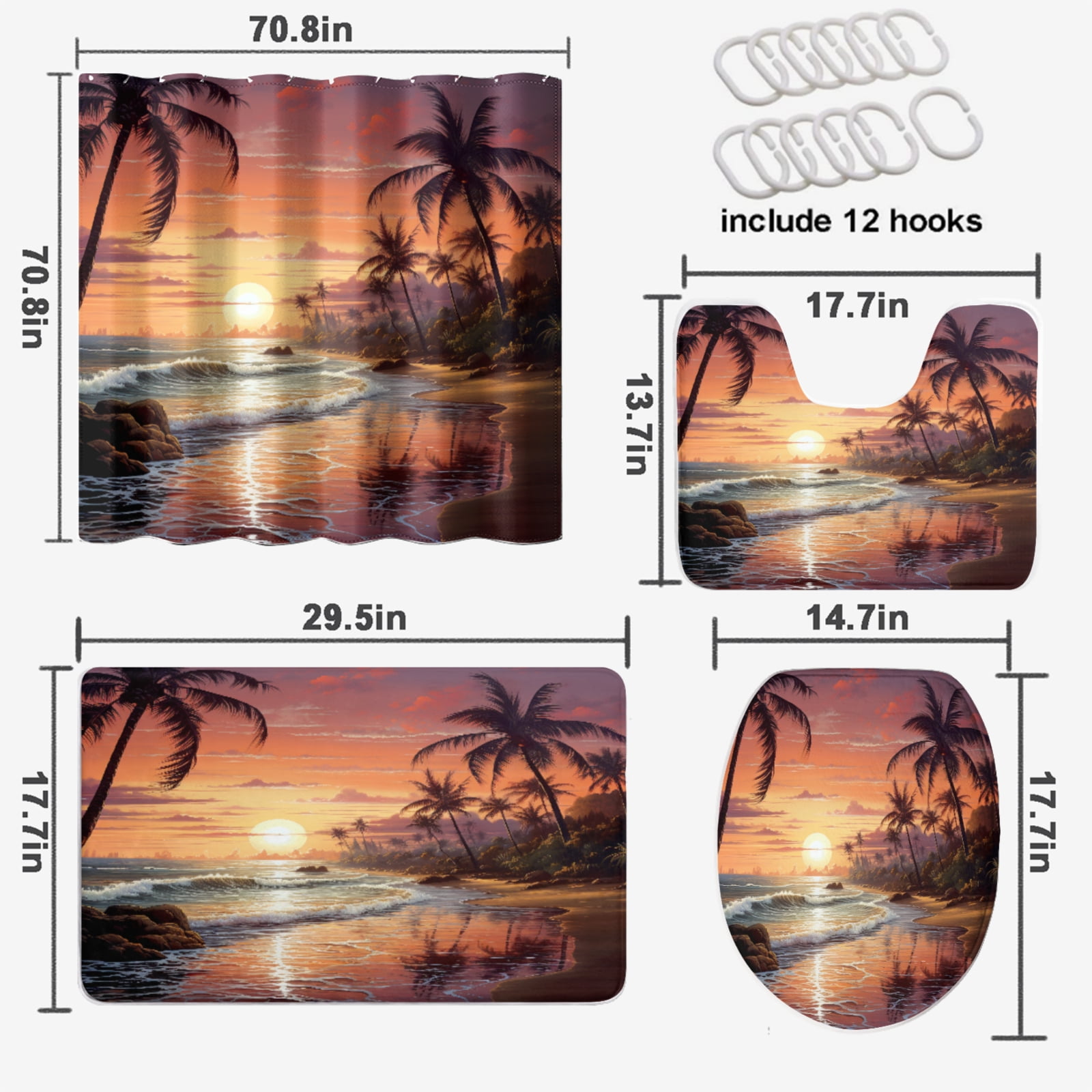 Beach Shower Curtain Sets with Non-Slip Rug Coastal Sunset Tropical Palm Leaf Seaside Summer with 12 Hooks, Bath Mat Set Bathroom Decor by Durable Waterproof Fabric, 72x72 Inch