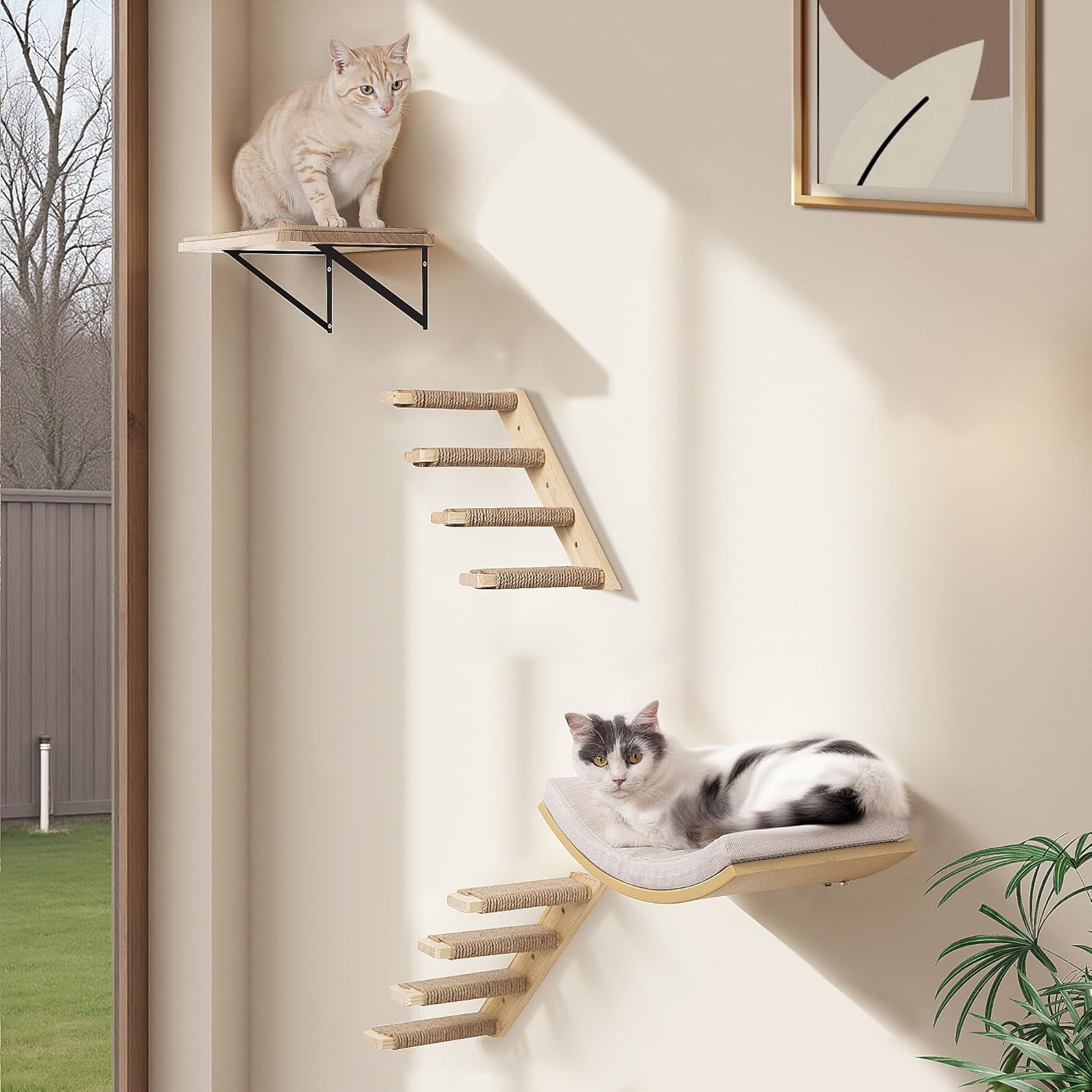 4-Piece Cats Wall Furniture with  Window Perch – Wood Wall Mounted  Shelves Set with Foam-Padded Curved Bed, Flat Perch & 4-Step Cats Stairs