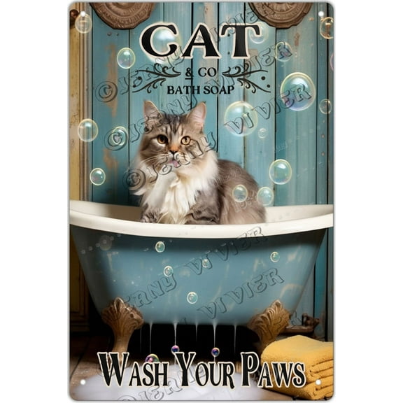 Vintage Cat Metal Sign, Black Cat Wash Your Paws Funny Cat Sign Wall Decor for Bedroom Bathroom Retro Metal Tin Sign, Metal Cat Sign Home Decor For Cat Lovers,Aluminum 5.5"x8"