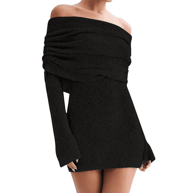 Vestido Elegante Tipo Suéter de con Hombros Descubiertos para Mujer, Ajustado, de Larga y Crochet Negro M