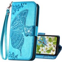 Designed for Galaxy A23 5G Phone Case Wallet,Women Flip Folio Cover with Credit Card Holders Butterfly Embossed PU Leather Kickstand Wrist Strap Phone Case for Samsung Galaxy A23 5G/A23 4G (Blue)