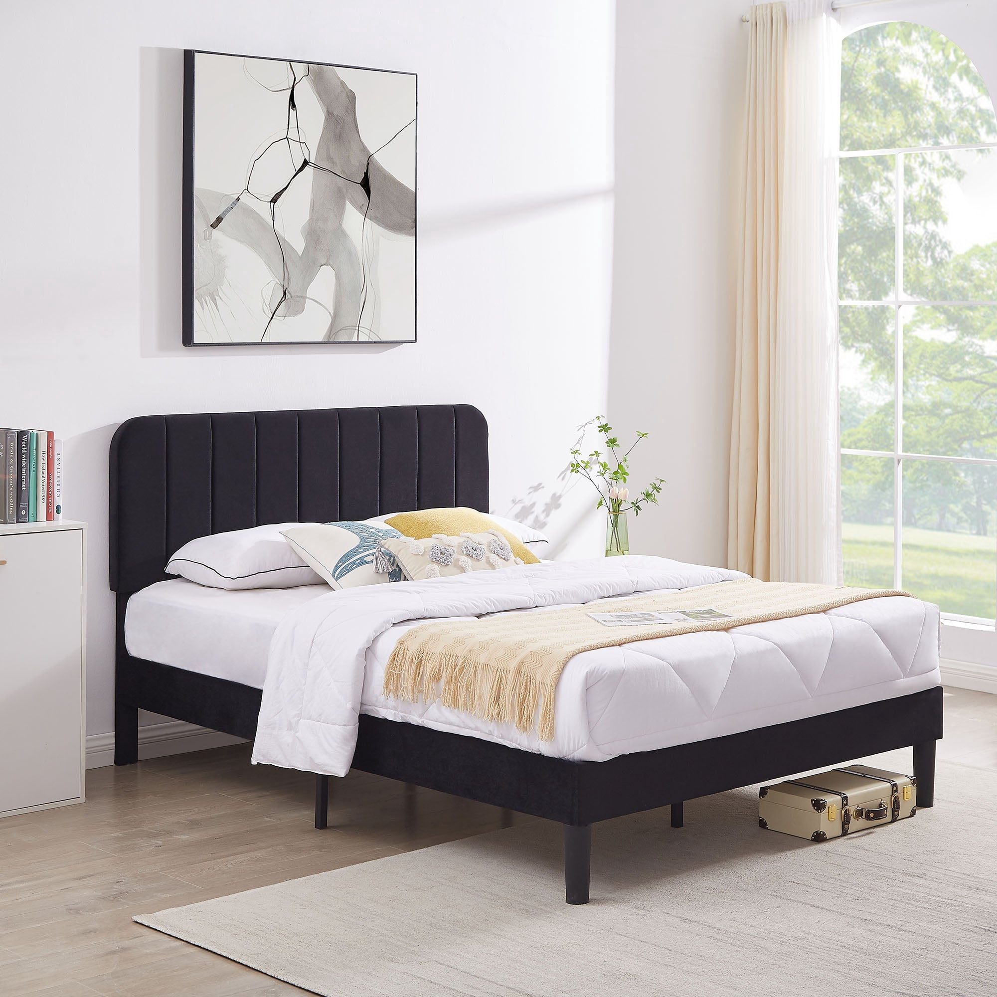 VECELO Full Size Bed Frame with Upholstered Headboard, Velvet Platform Bedframe Mattress Foundation, Strong Wood Slat Support, No Box Spring Needed,Velvet Black