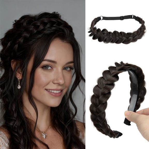 Natural Braided Headband 2pc Dark Brown Synthetic Hair Hoop Elastic Stretch Bands No-Slip Wide Hairpiece Braids Extensions for Women