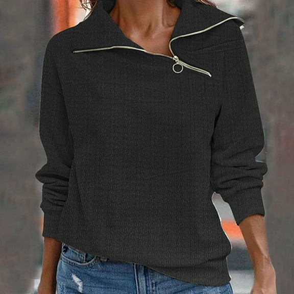 AXXD Women's T-Shirts Black Basic 2024 Spring New Retro Casual Neck Zipper Solid Color Sweater Plaid Pullover Sweater Top