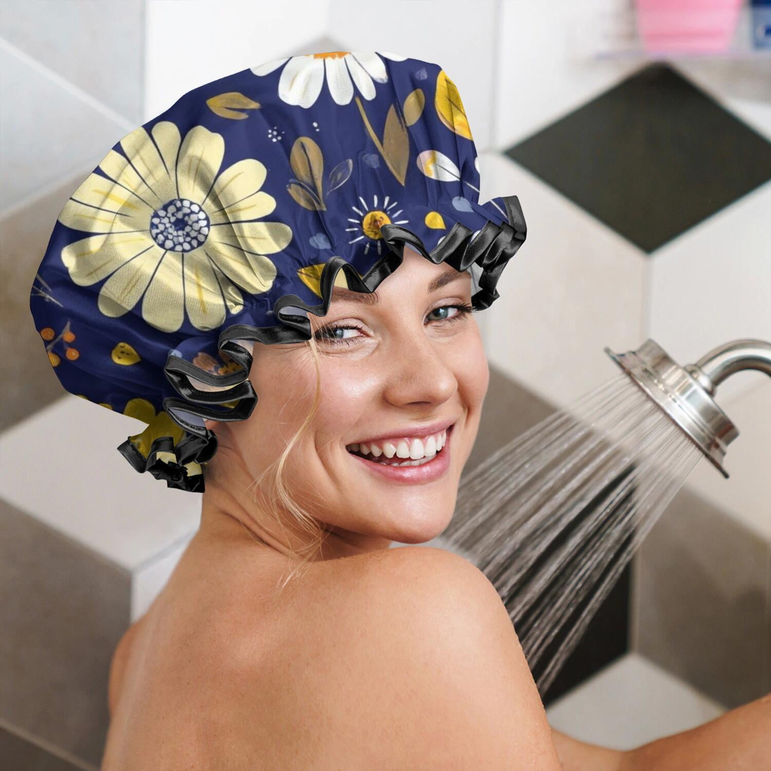 Shower Caps,Pioneer Flower Floral Print Pattern Waterproof Shower Cap for Women 4 Pieces,Double Reusable Hair Cover for Shower PEVA Elastic Stretch Hem