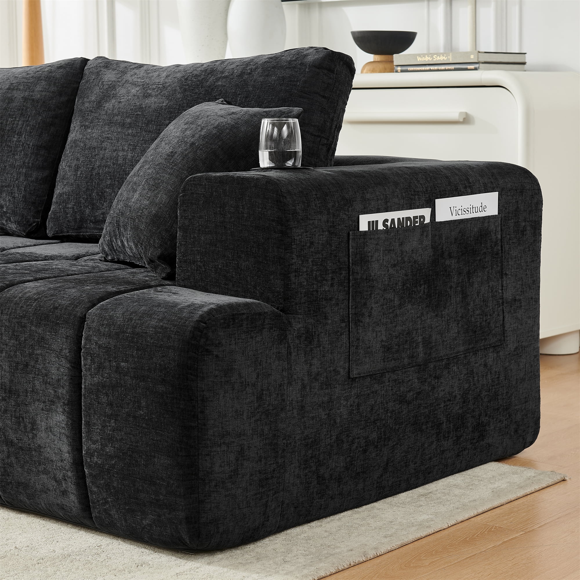 Aukfa 108" Cloud Sectional Sofa, Deep Seat Modular L-Shape Boneless Couch with 2 Cup Holders & Side Pockets, Left Chaise, Chenille, Black