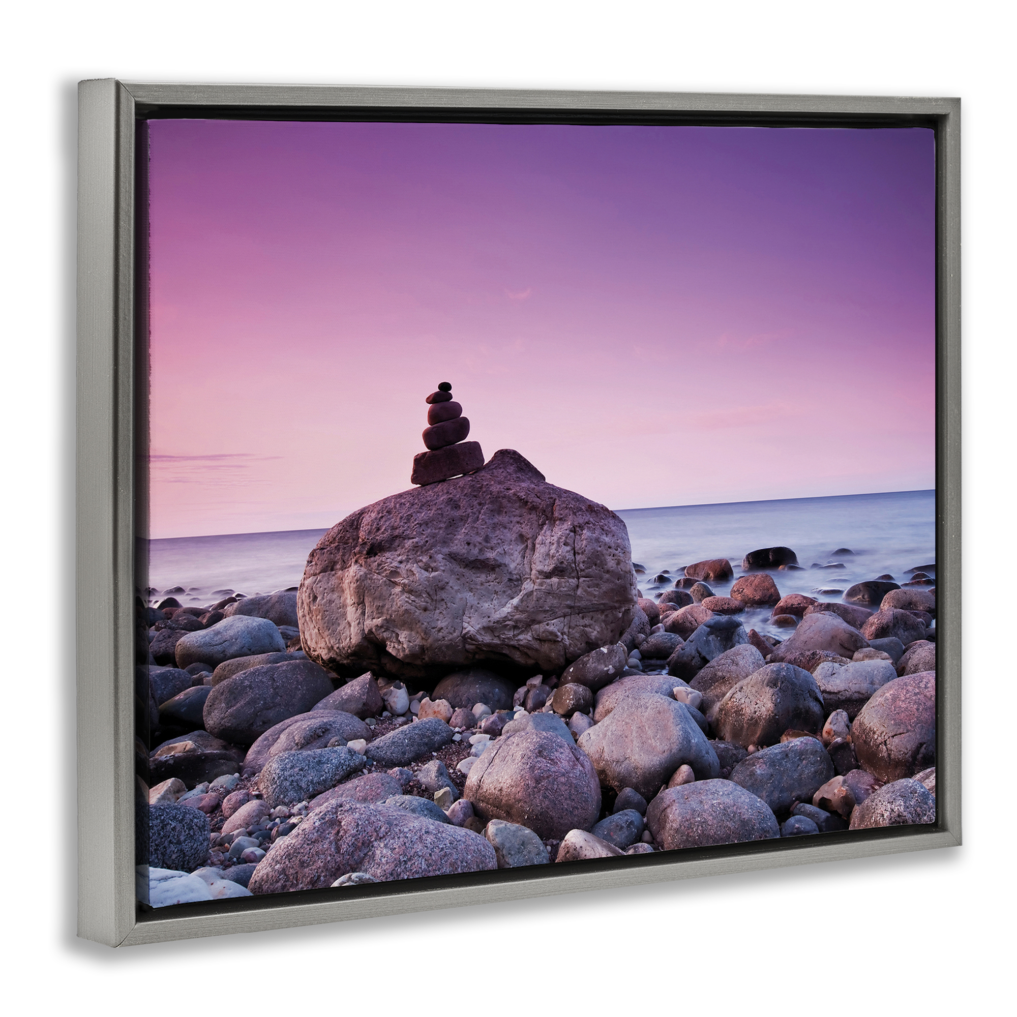 Stupell Industries Stacked Rocks on Shore Nautical & Beach Photography Gray Floater Framed Canvas Art Print Wall Art, 31 x 25