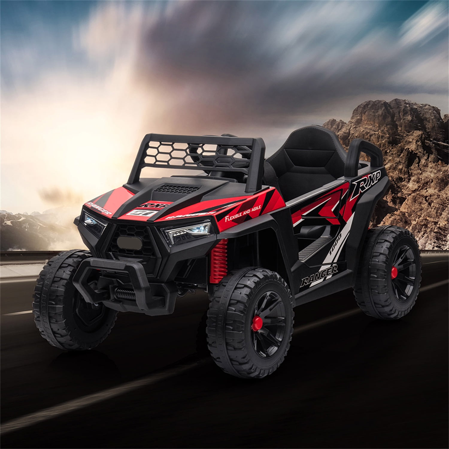 CIPACHO 12V Powered Ride-On UTV, Electric Kids Car with Front LED Lights and Horn, Foot Pedal, Music, LED, Red