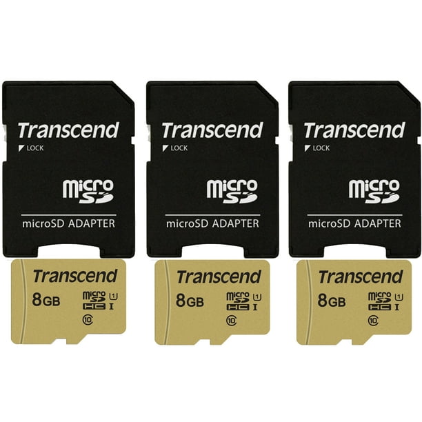 3x Transcend 8GB UHS-1 Class 10 micro SD 500S Read up to 95MB/s Built with  MLC Flash Memory Card + SD Adapter
