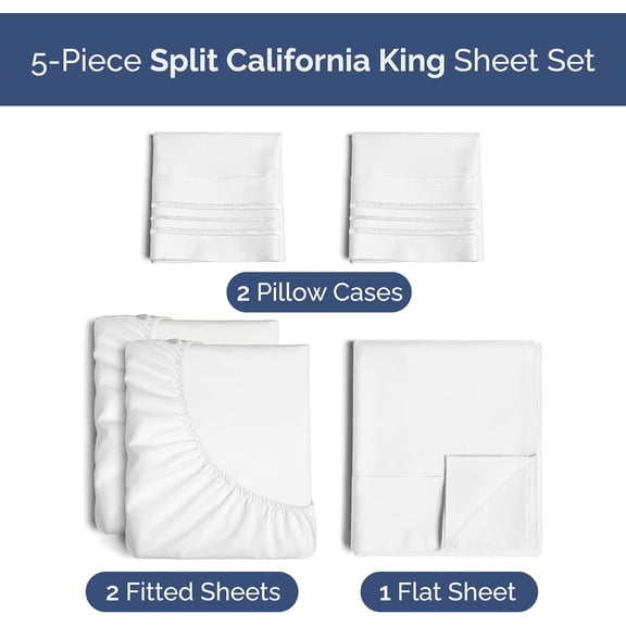 Split California King Bed Sheets - Extra Soft Split California King Sheets Sets – Designed for Split California King Mattresses – Cal King Split Fits 14" to 16" Deep Pocket Fitted Sheet Set – White