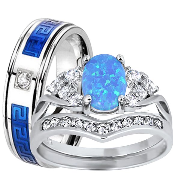 His Her Wedding Set 3 Piece TRIO Blue Opal CZ Silver Rings for Women Men Bride Groom 5/8