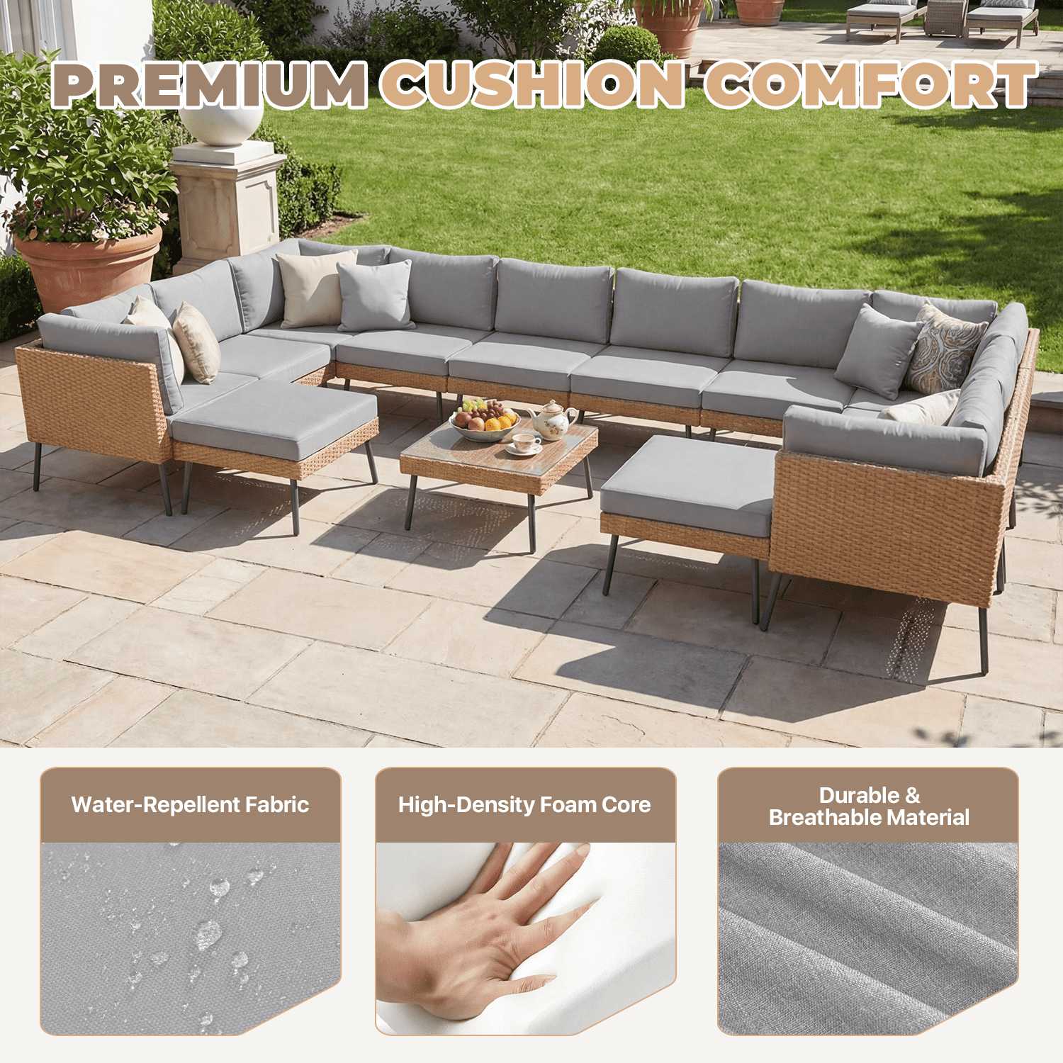 BaPiPro 13-Piece Outdoor PE Rattan Sectional Sofa Set, All-Weather Patio Conversation Set with Cushions & Tempered Glass Coffee Table, Suitable for Courtyard, Backyard and Garden, Grey