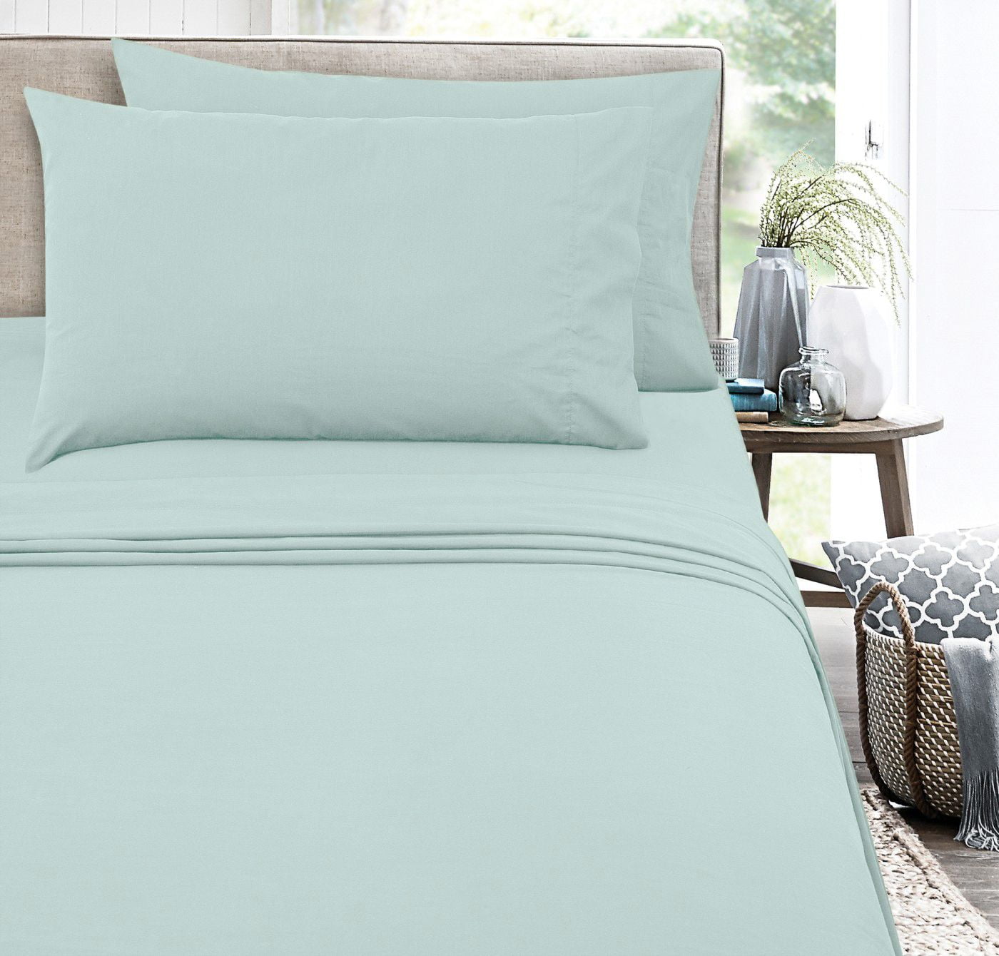 Mainstays 300 Thread Count Easy Care Percale Bed Sheet Set, Queen, Teal Cloud, 4 Piece