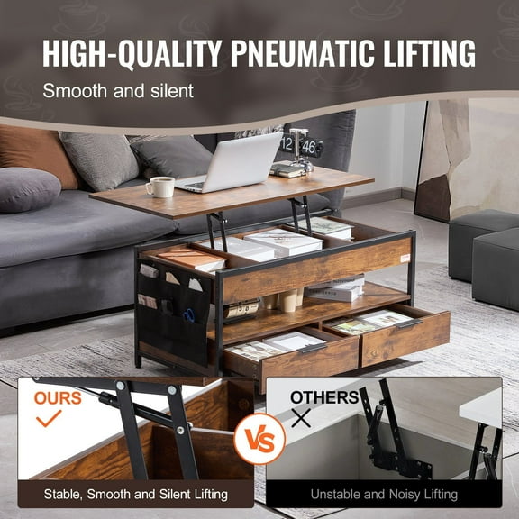 39.4" Lift Top Coffee Table with USB Ports & LED Light, Rustic Brown Lift-Top End Table with Storage – Modern Living Room Furniture