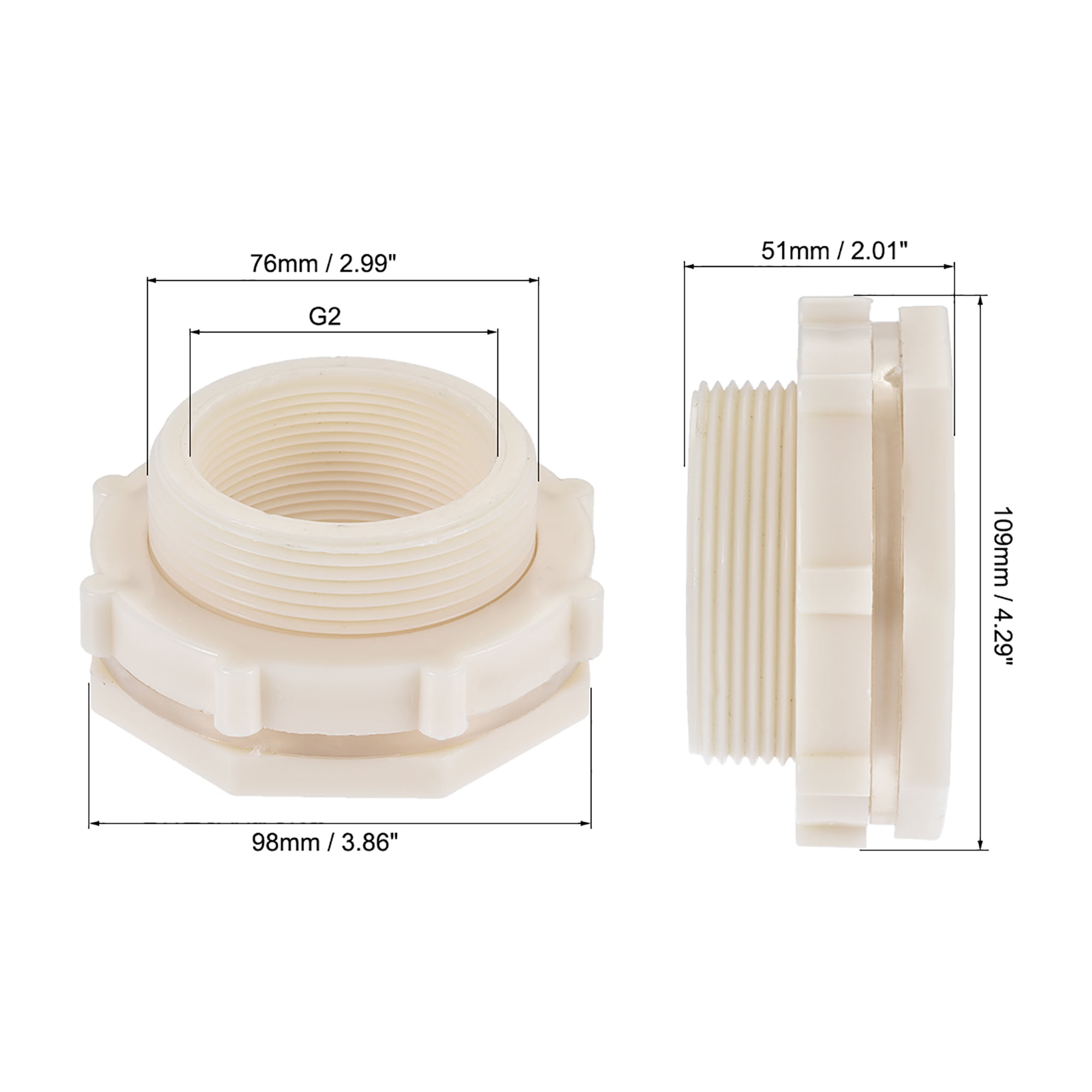G2 Female 2.99 Male White PVC with Silicone Gasket and Pipe Connector for Water Tanks uxcell Bulkhead Fitting Tube Adaptor Fitting 