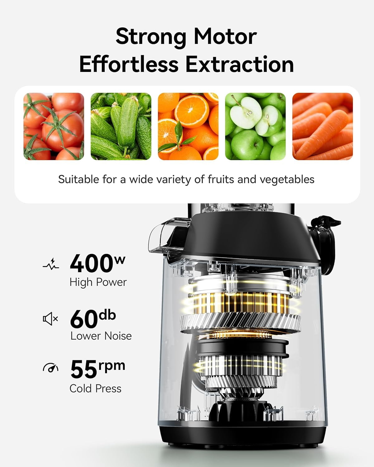Cold Press Juicer Machines,  5.8" Wide Feed Chute, Slow Masticating Juicer for Whole Vegetables and Fruits, 99.6% High Juice Yield, Easy to clean, Juicer Machines with BPA Free
