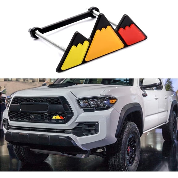 Tri-Color Grille Badge Emblem Decoration Accessories Car Truck Label Compatible for Tacoma 4Runner Tundra Sequoia Rav4 Highlander (Mountain Yellow/Orange/Red) Mountain Yellow/Orange/Red