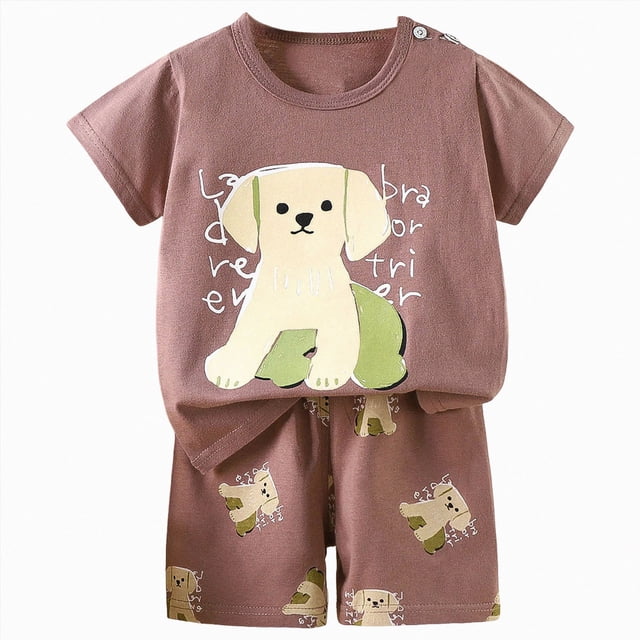 COMVALUE Pyjama 2 Pcs pour Tout-Petits Garçons, Haut à Manches Courtes Ajusté et Short (Brun, 3-4 Ans)