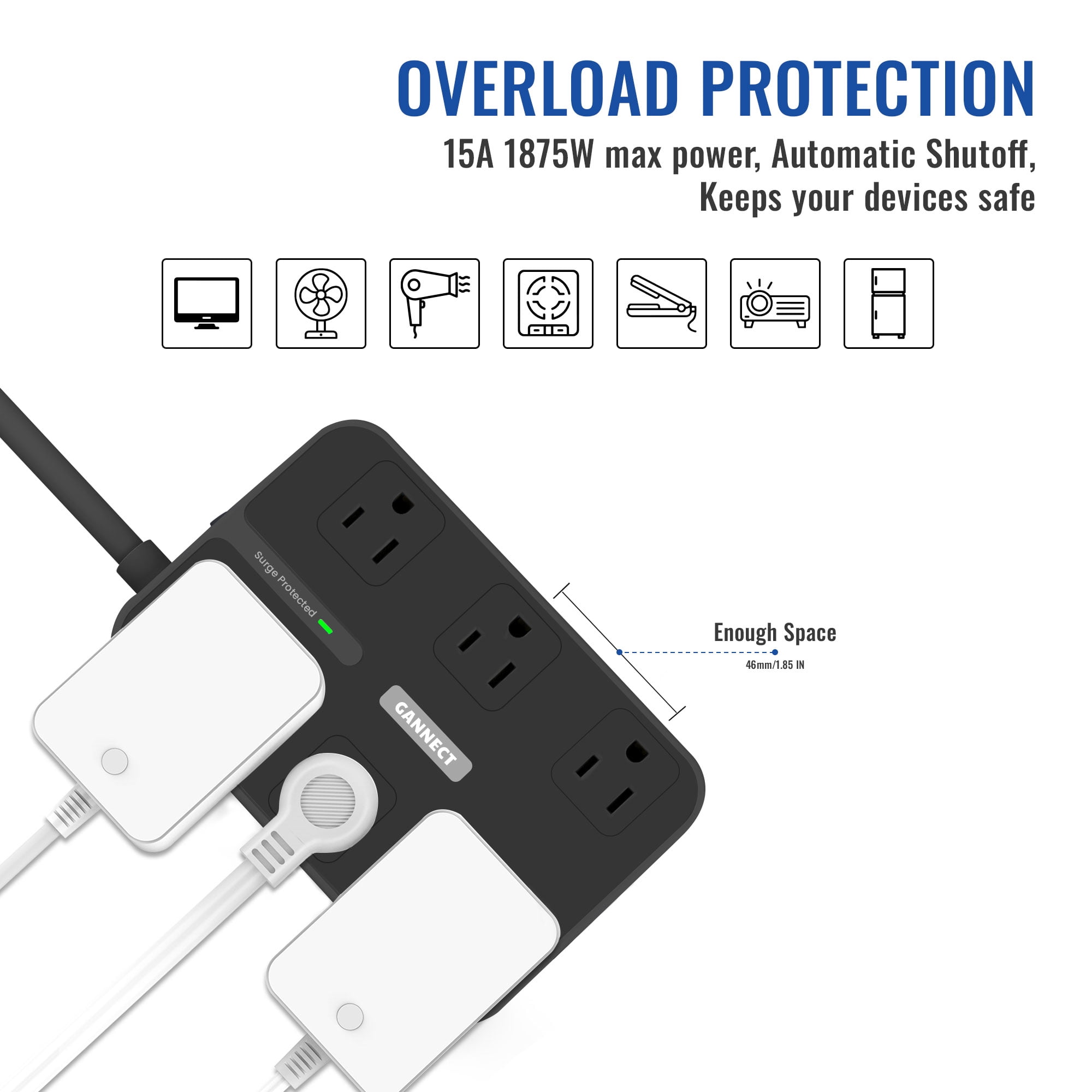GANNECT 6 Outlet Surge Protector with USB C, 3 USB-A