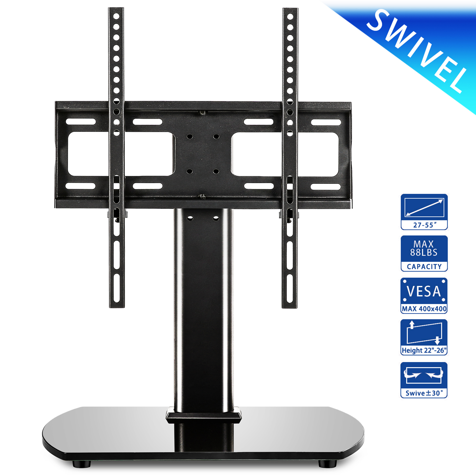 Modern Black Tabletop TV Stand for TVs up to 55 inch Glass Base, Black
