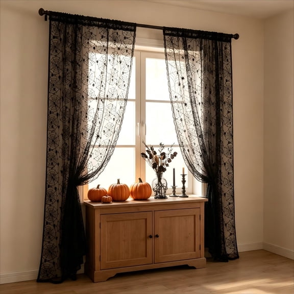 Clearance Gunhay Black Sheer Lace Curtains, 86.6" Halloween Spider Web Sheer Curtains, Vintage Floral Sheer Gothic Curtain Panels for Home Decor & Halloween Party, 1 Panel 39.37" W x 86.6" L