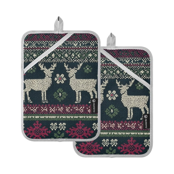 Elk Stripes Snowflake Christmas Knit Pattern Potholders Heat Resistant Pot Holder Set of 2 Oven Hot Pads with Pocket