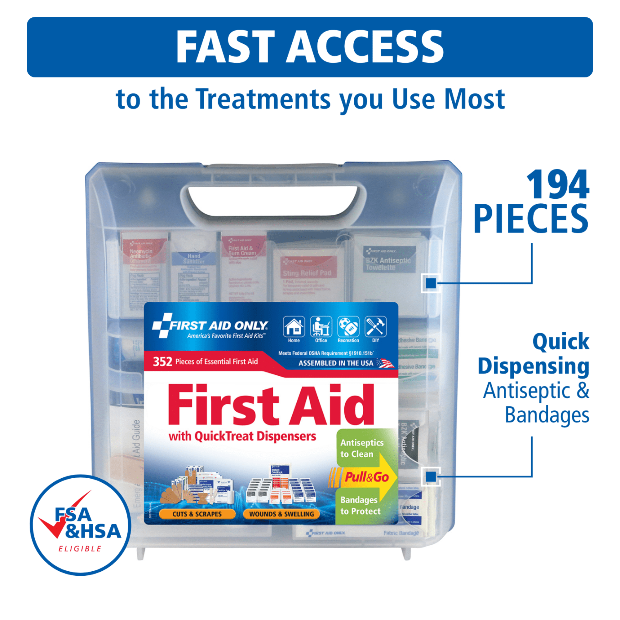 First Aid Only 352-Piece QuickTreat Dispenser Emergency First Aid Kit for Home, Work & Travel