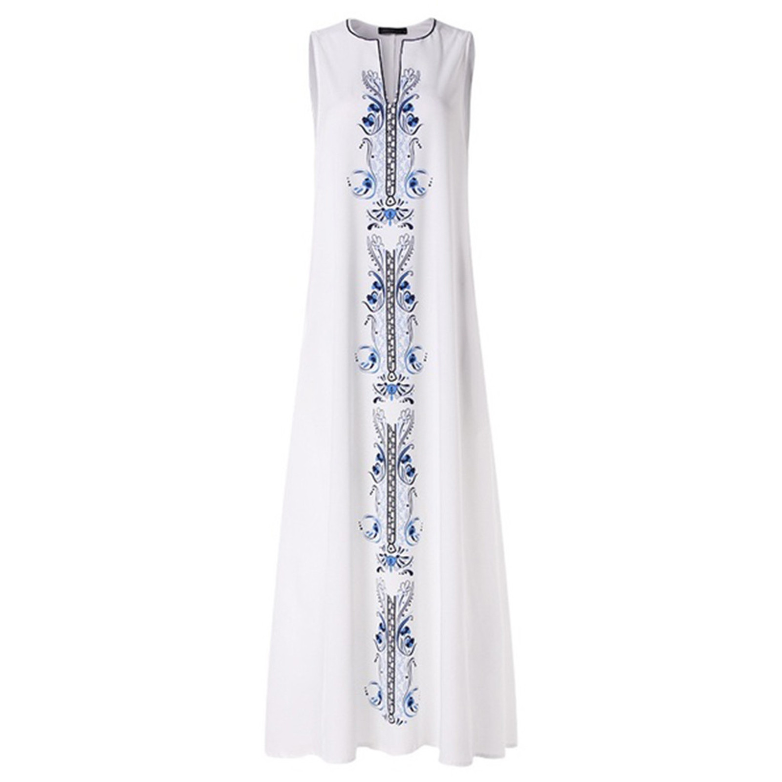 pstuiky Sun Dresses for Women , Maxi Dress with Pockets Women Floral Printed V-Neck Sleeveless Long Dresses Trendy Summer Boho Beach Sun Dress Leisure Dress on Sale White #1 XXL E2