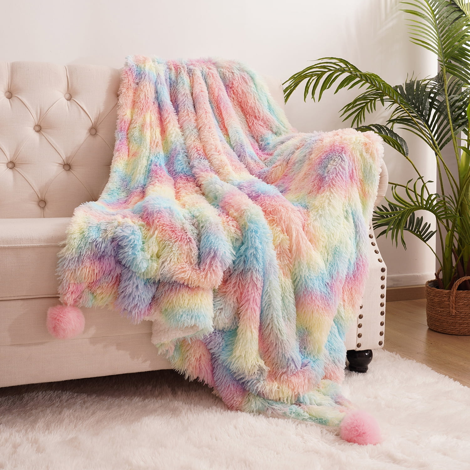 Homore Soft Fluffy Rainbow Throw Blanket, Cute Fuzzy Blanket for Girls
