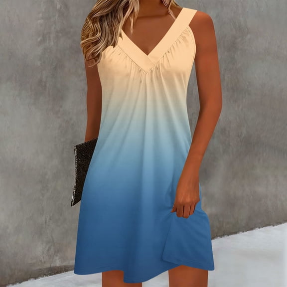 Gamivast Women A Line Dress Ombre Print V-Neck Sleeveless Tank Dress Summer Loose Fit Casual Beach Party Swing Fashion Flowy Daily Sun Dress Gown