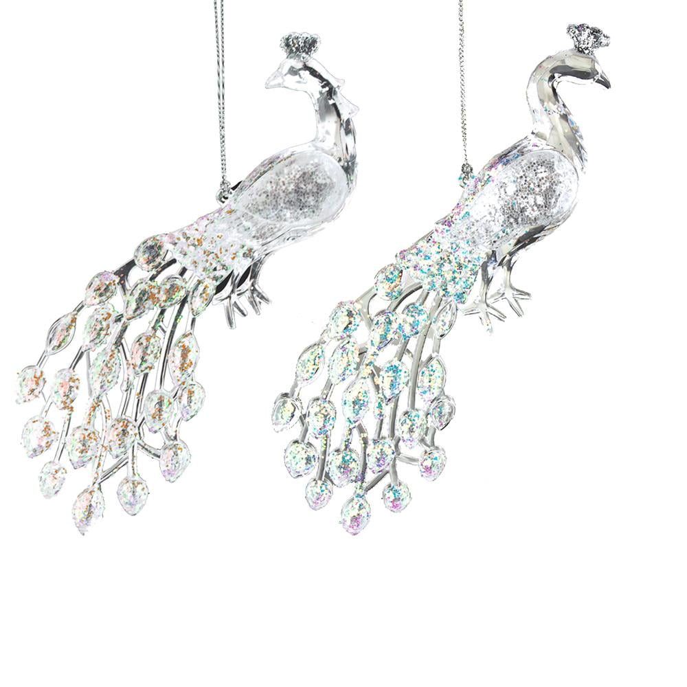 Acrylic Glitter Peacock Christmas Tree Ornaments, Iridescent Clear, 8