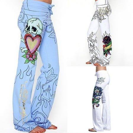 Fashion Women Baggy Skull Rose Printed Pants Hippie Wide Leg Boho Trousers New Arrival