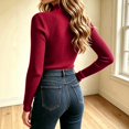 thumbnail image 4 of Women's Turtleneck Texture Ribbed Pullover Sweater ,Long Sleeve Slim Fit Detail Stretchy Tops For Fall Winter Occasion Wine S, 4 of 4