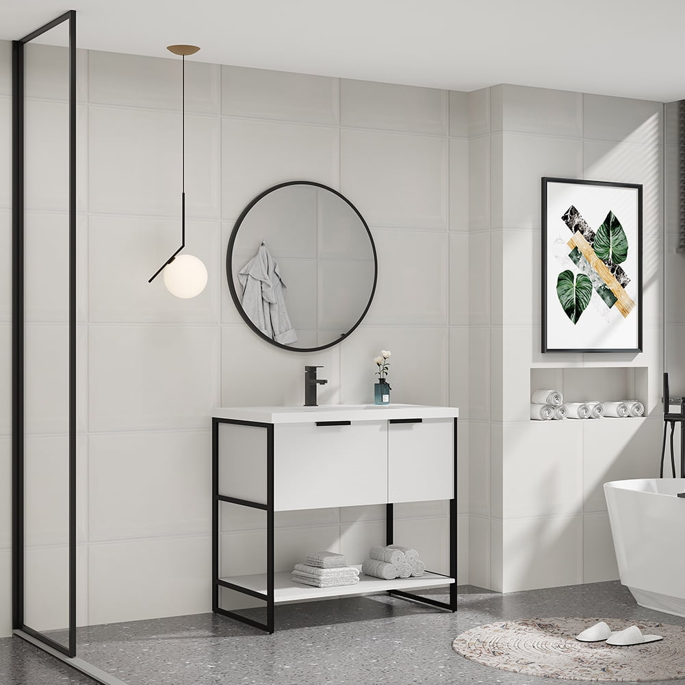 Kepooman 35" Modern Floating Bathroom Vanity, Free Standing Cabinet with Doors and Drawer, White Straight Grain