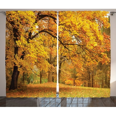 Brass Woodland Leaf - Farm House Decor Curtains 2 Panels Set, Gold Fall Scenery With Pale Maple Leaves In The Forest November Season Woodlands, Living Room Bedroom Accessories, By Ambesonne