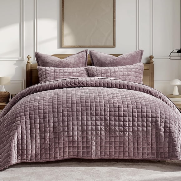 Juego de colcha RECYCO Luxury Velvet Full Queen con 2 fundas, color morado