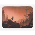 thumbnail image 1 of Fantasy Bath Mat, Cartoon Woman Hiker Looks at the Abandoned Destroyed City Urban Lonely Person Image, Non-Slip Plush Mat Bathroom Kitchen Laundry Room Decor, 29.5 X 17.5 Inches, Pink Red, Ambesonne, 1 of 2