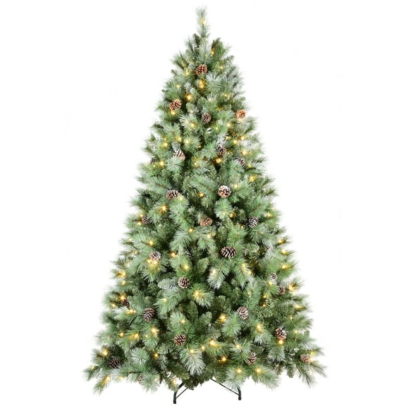 Flower Dance® 8FT Christmas Tree with 550 Warm White LED Lights – 1858 PVC & Hard Needle Tips, 102 Pine Cones, Hinged Branch Design, Sturdy Metal Stand – Full Realistic Holiday Tree