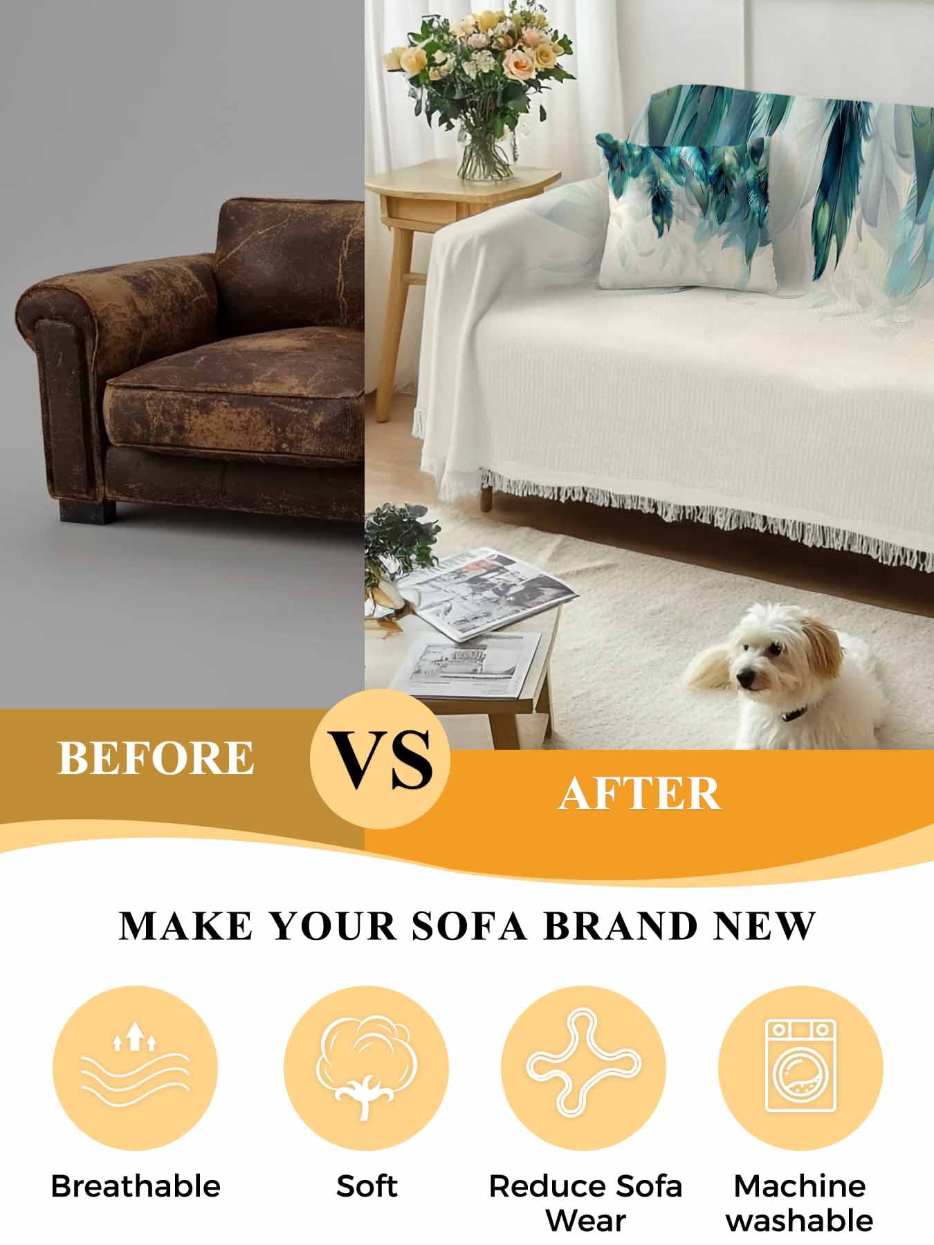 Teal Feather Couch Cover, Farmhouse Feather Art Teal Ombre Sofa Cover Blanket for Loveseat Couches, Sectional Sofa Slipcover Furniture Protector for Living Room Bedroom 71''x118''