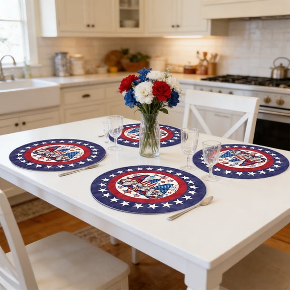 4-Pack Patriotic Star Placemats - 13.9in Round American Flag Table Mats, Heat-Resistant Woven Placemats for 4th of July, Parties & Family Dinners