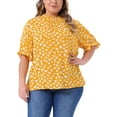 thumbnail image 1 of Blusas de cuello simulado de manga corta con volantes y lunares para mujeres de tallas grandes GRACE & GRANDEUR 4X Amarillo, 1 of 4