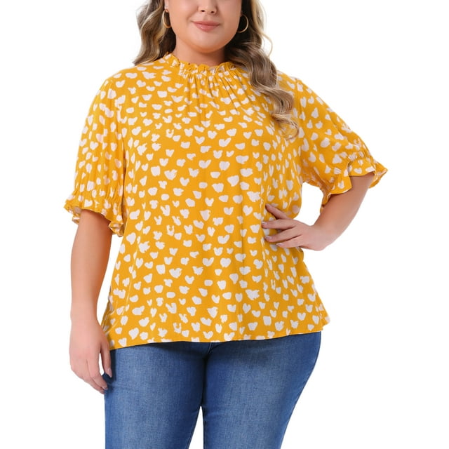 Blusas de cuello simulado de manga corta con volantes y lunares para mujeres de tallas grandes GRACE & GRANDEUR 2X Amarillo