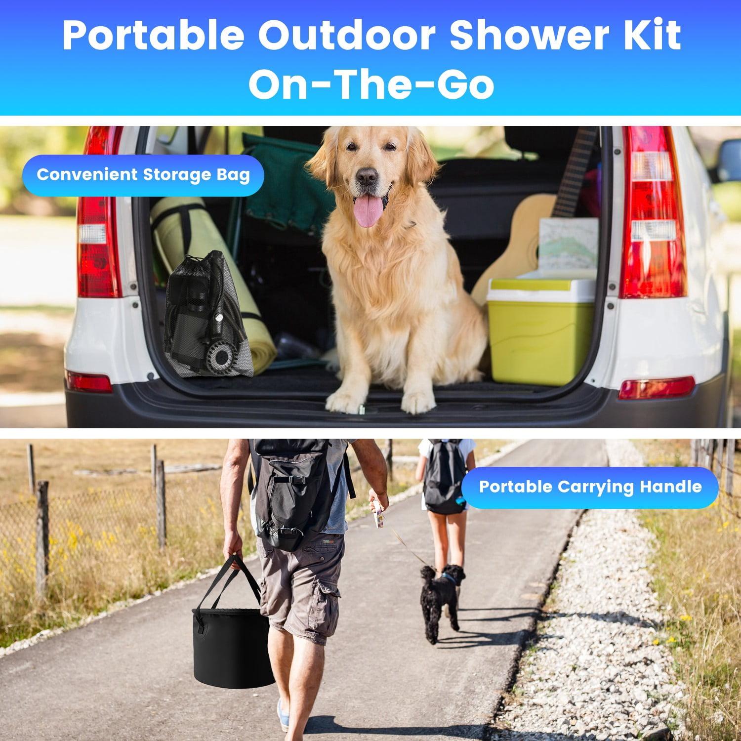Moclever Portable Camping Shower, IPX7 Waterproof 6000mAh Rechargeable Shower Pump, Shower Head, 5.3Gallon Foldable Bucket, Black