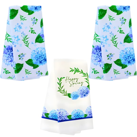3-Pack Spring Floral Kitchen Towels, 15 x 25 Inch Decorative Hydrangea Dish Towels with Happy Spring Print, Soft Absorbent Reusable Hand Towels for Kitchen Bathroom Farmhouse Home Decor