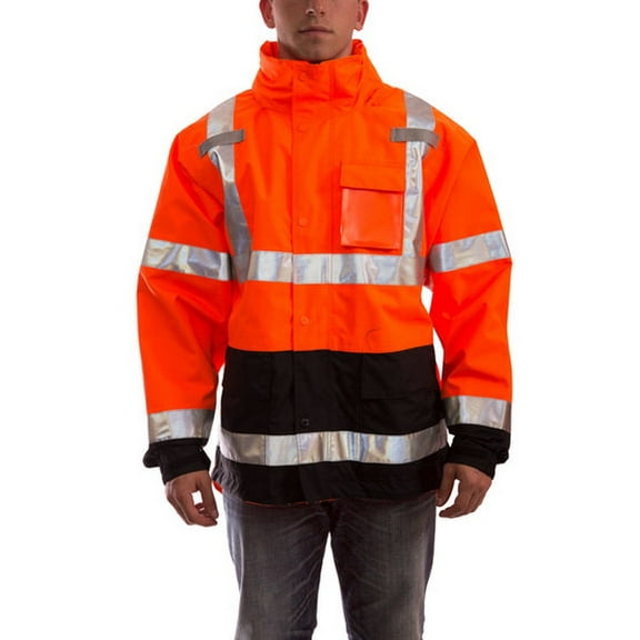 High Visibility Rain Jacket with hood, Polyester, Class 3 R, Orange, 3XL